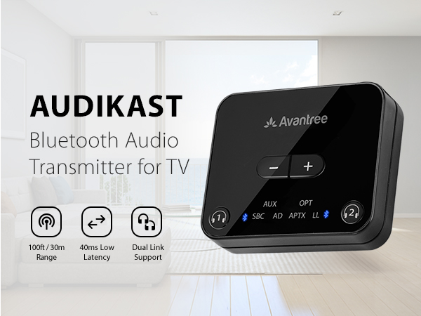 Avantree Audikast TV transmitter in living room.