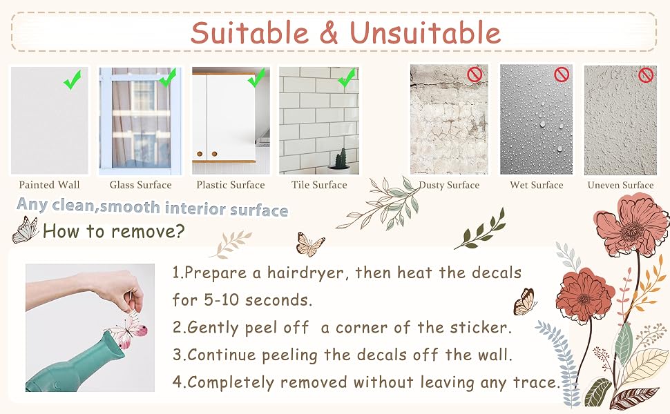 Infographic showing suitable and unsuitable surfaces for wall decals. Instructions for application include using a hairdryer and gently peeling off the sticker.