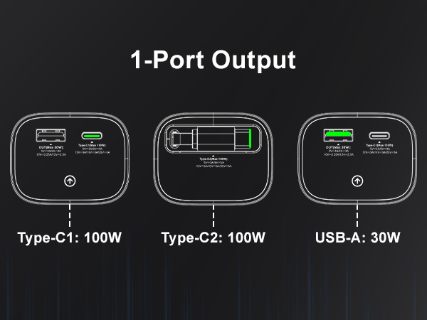 Text reads '1-Port Output', 'Type-C: 100W', 'USB-A: 30W'. Technical diagram showing power output specifications for different charging ports on dark background.