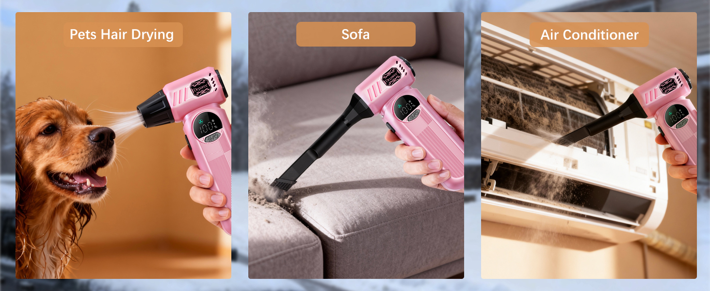 Pink air duster used for sofa cleaning and air conditioner dust removal with strong airflow