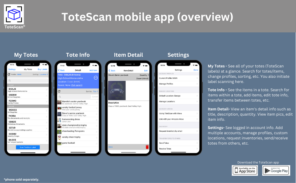 ToteScan mobile app overview. ToteScan intelligent QR label