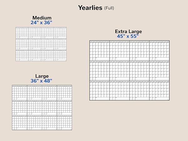 OfficeAid yearly dry erase wall calendars shown in medium, large, and extra large sizes