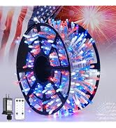 JMEXSUSS 4th of July Decorations Lights Outdoor, 600 LED Red White and Blue Lights Plug in, 8 Mod...
