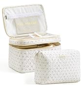 HBselect 2Pcs Double Layer Travel Makeup Bag Women, Cotton Quilted Makeup Bag Coquette Makeup Bag...