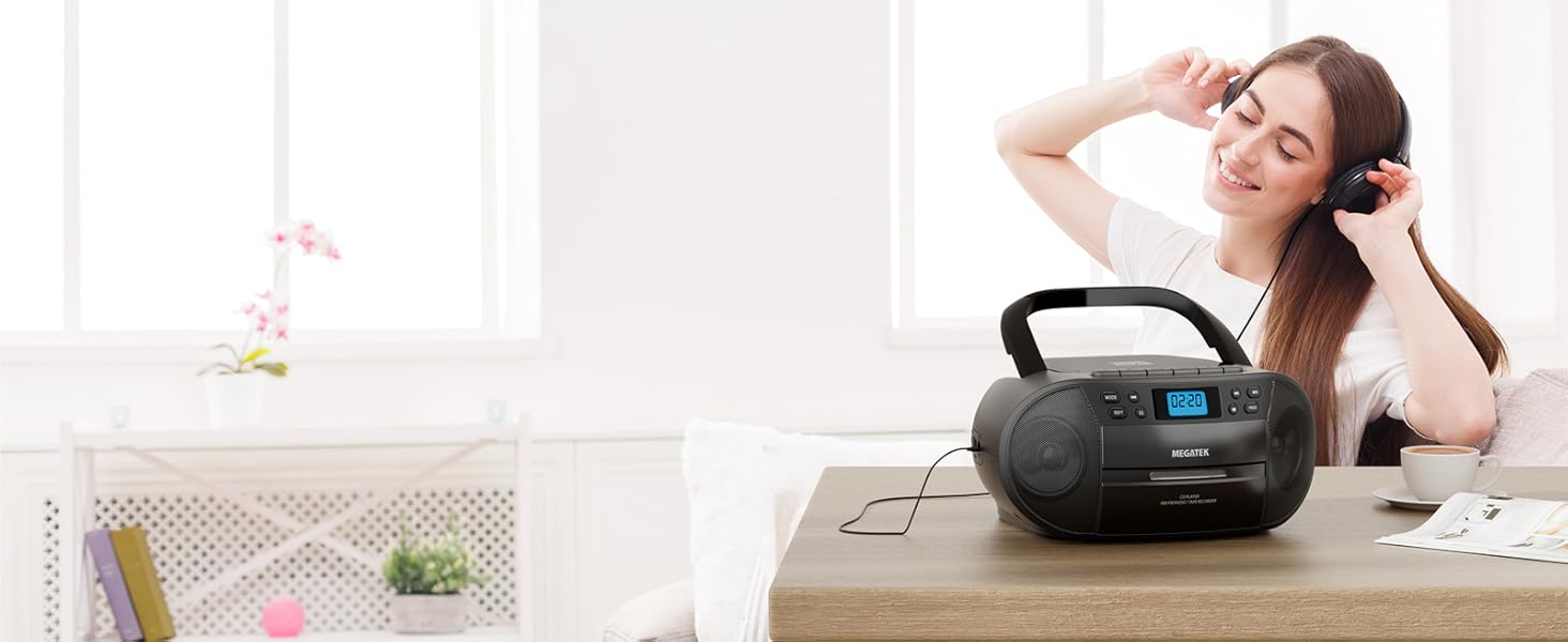 Portable CD Cassette Player Boombox with Stereo Headphone Jack