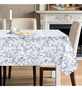 hometrixx Table Cloth Rectangle Blue Floral Birds Vintage Farmhouse Washable Wipeable Polyester T...