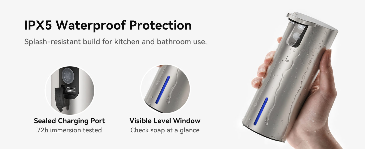 IPX5 Water-Resistant Design, Splash-resistant for kitchen and bathroom use.