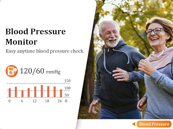 Text reads 'Blood Pressure Monitor' and 'Easy anytime blood pressure check' and '120/60 mmHg'. Bar chart showing measurements. Older couple outdoors, one holding monitoring device with orange accent.