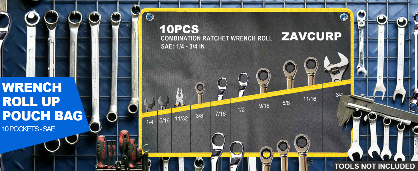 Wrench Roll Organizer, Rolled Tool Pouch Bag 10 Pockets SAE
