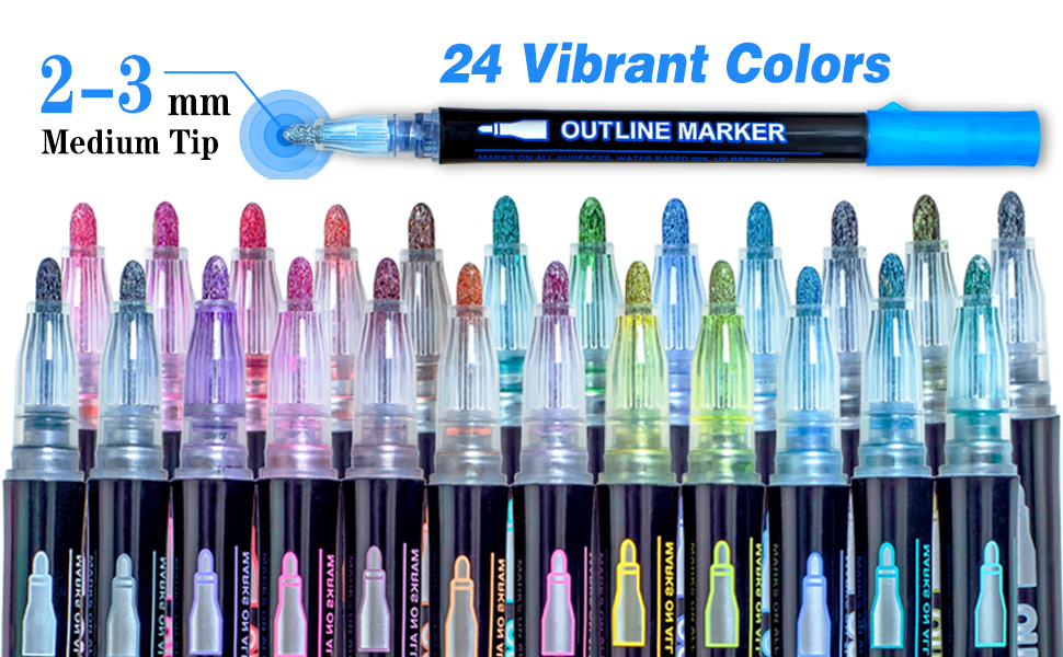 Text reads '2-3 mm Medium Tip' and '24 Vibrant Colors.' Display of twenty-four dual-tip markers in varying colors arranged in rows showing blue, purple, pink, green, and other hues.