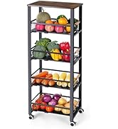 Mythinglogic 5-Tier Rolling Fruit Vegetable Storage Cart with Pull-Out Baskets, Metal Kitchen Org...