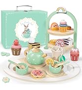 Wooden Tea Party Set for Little Girls, Toddler Pretend Play Food Kitchen Toys, Wooden Tea Set Tra...