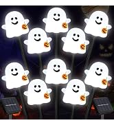 BRIGHTDECK Solar Halloween Ghost Pathway Lights, 10 Pack Ghost Stake Lights with Pumpkin Design, ...