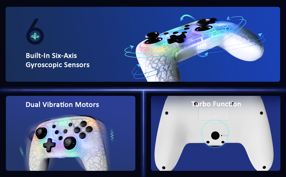 An image showcases its Dual Motors, Six-Axis Gyroscope, and Turbo function.