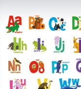 Collection of colorful alphabet letter illustrations arranged in rows, featuring playful designs with floral and decorative elements in various bright colors.
