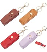 CALFOVERA 4 Colors PU Leather Lipstick Holder Keychains 4PCS Mini Portable Lip Balm Sleeve Key Ch...