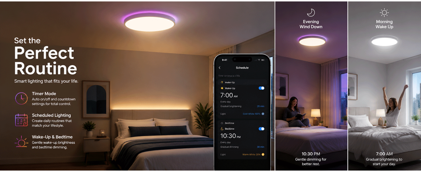 WULILI Smart RGB Ceiling Light with timer, schedule and wake up lighting modes