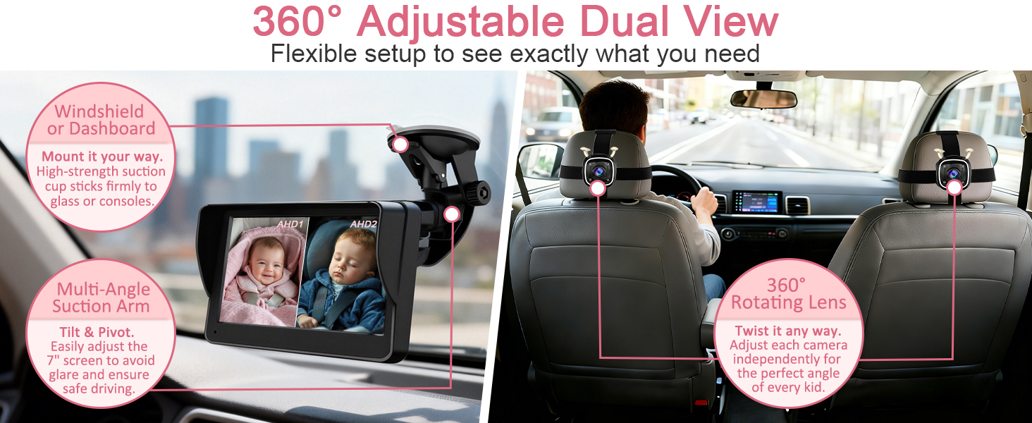 Dual Baby Car Camera features two HD cameras and one display