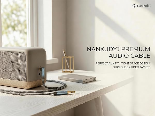 3.5mm right angle aux cable connected to home speaker and laptop for minimalist setup.