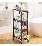 DTUQYX Slim Bathroom Storage Cart, 4 Tier Small Rolling Organizer Cabinet with Wood Top Handle, M...