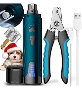Dog Nail Trimmers and Dog Nail Clippers Kit, Whisper Quiet Electric Grinder with Light, Rechargea...
