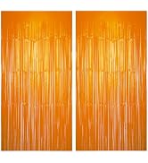 Zotemo 2 Pack Orange Foil Fringe Curtains, 3 ft x 8 ft Metallic Tinsel Door Fringe Backdrop, Stre...