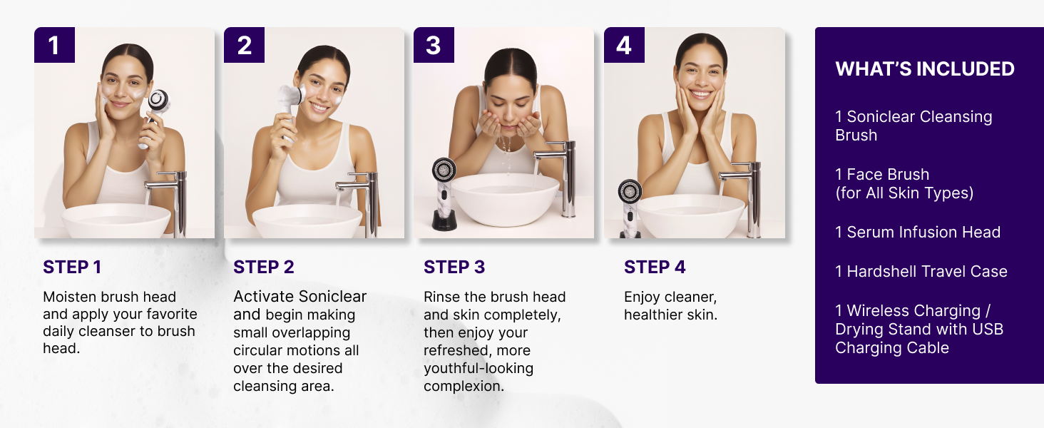 4 step facial cleansing routine with Soniclear to prep skin for smooth dermaplaning