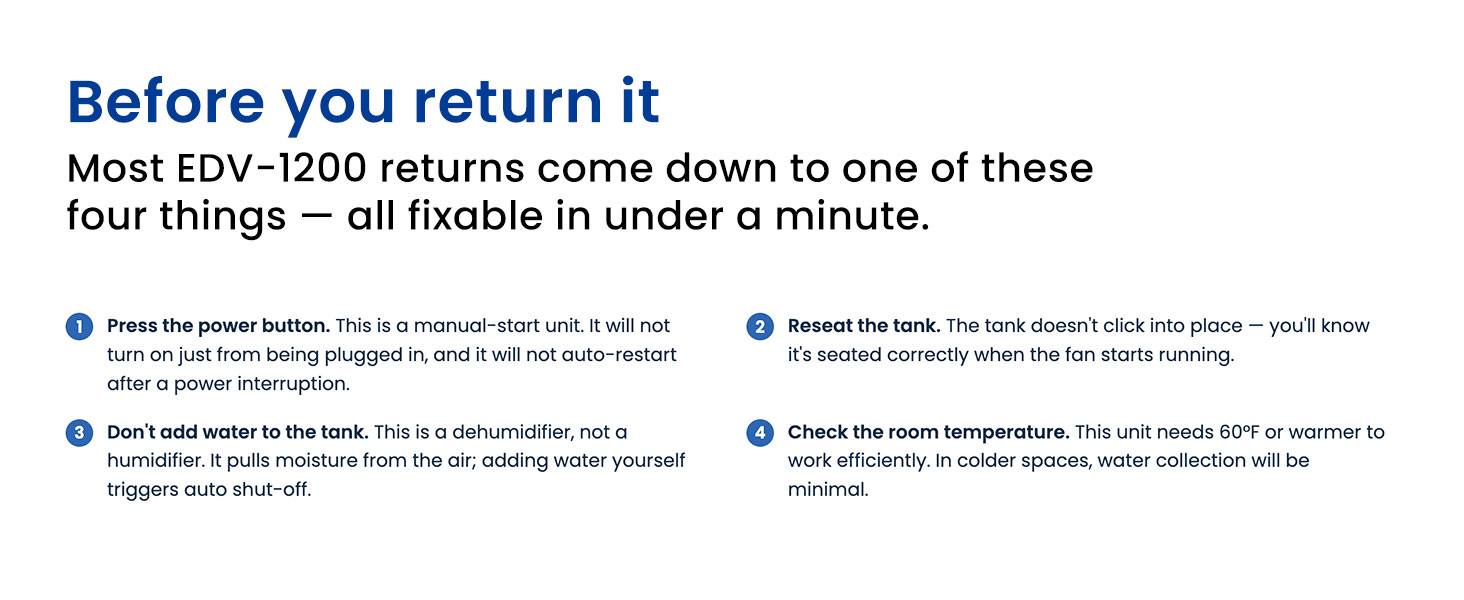 Most EDV-1200 returns comes down to 4 things. All fixable in under a minute