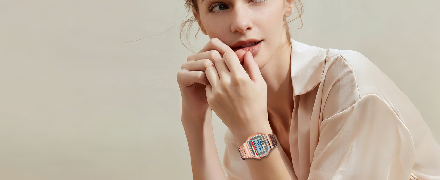 Woman wearing a rose gold square digital watch retro unisex digital watch with clear digital display