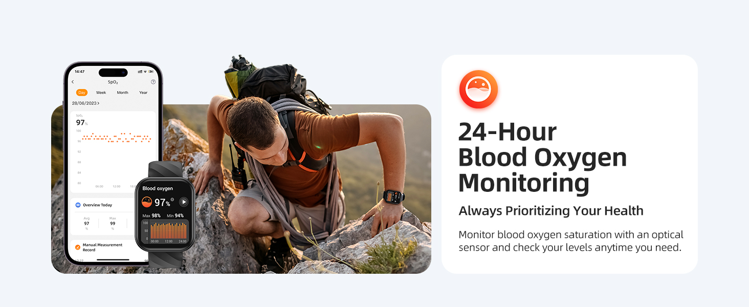 Smartwatch and smartphone displaying health monitoring app. Text indicates '24-Hour Blood Oxygen Monitoring' feature for tracking health and fitness.