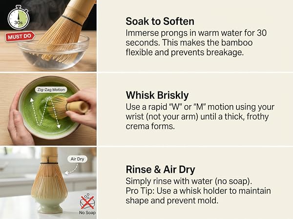 Soak 30s to soften, whisk in "W" for foam, rinse with water. Air dry to prevent mold.