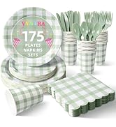 Vyntra Sage Green Gingham 175-Piece Disposable Dinnerware Set for 25, 9" Dinner & 7" Dessert Pape...