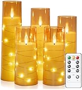 Raycare Embedded String Lights Flameless Candles with Remote and Timer, 5 Pcs Battery Operated Ac...