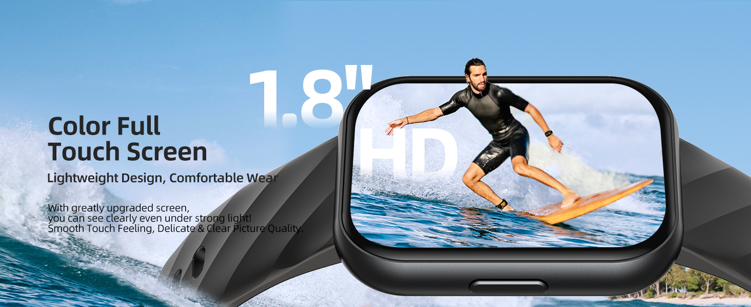 Promotional image for a device with a 1.8 inch color touch screen. Shows a surfer on water, suggesting it's a sports or action camera.