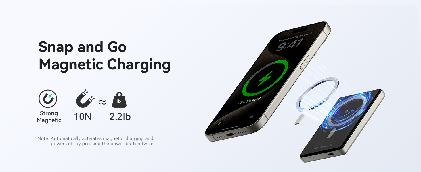 Demonstration of magnetic wireless charging feature showing two smartphones with circular charging indicators and magnetic alignment capability.