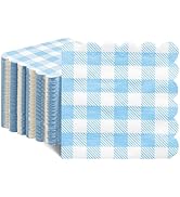 Xiangqu 120 Pcs Blue Gingham Napkins, Scalloped Light Blue Boy Baby Shower Napkins Easter Napkins...