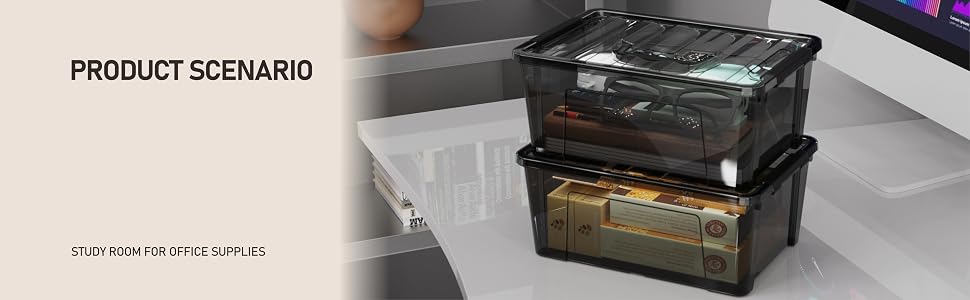 black small clear storage bin with lid and latch