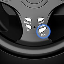 Close-up of a black gaming controller section showing buttons labeled 'SELECT', 'START', and 'SEN', with 'SEN' highlighted by a blue circle.
