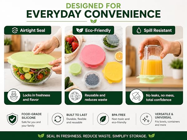 Silicone stretch lids demonstrating airtight seal, reusable eco friendly design and spill resistant