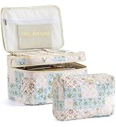 HBselect 2Pcs Double Layer Travel Makeup Bag Women, Cotton Quilted Makeup Bag Coquette Makeup Bag...