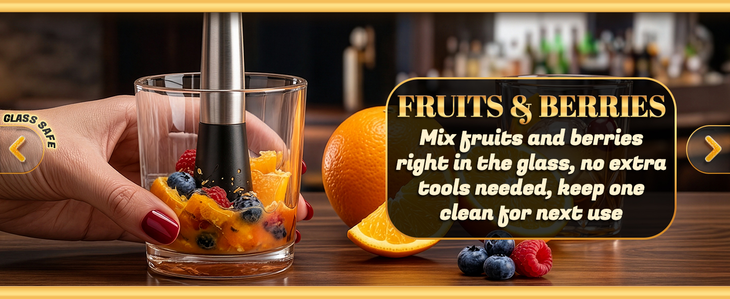 Cocktail muddler crushing oranges and citrus in glass with fresh fruits