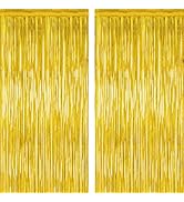 2 Pack Gold Tinsel Backdrop, 3.28 FT x 7.05 FT Metallic Fringe Curtain, Gold Color Graduation Bac...