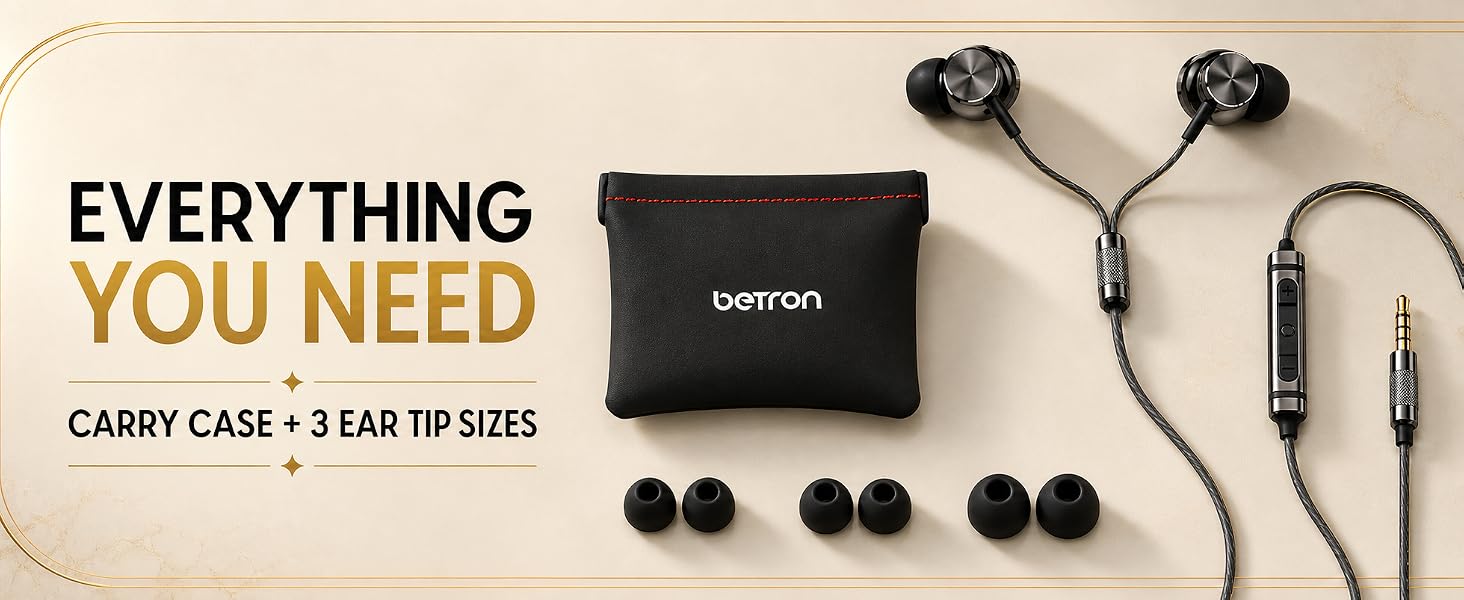 Betron BS10 wired earphones with carry case, in-line controls, 3.5 mm plug and three ear-tip sizes.