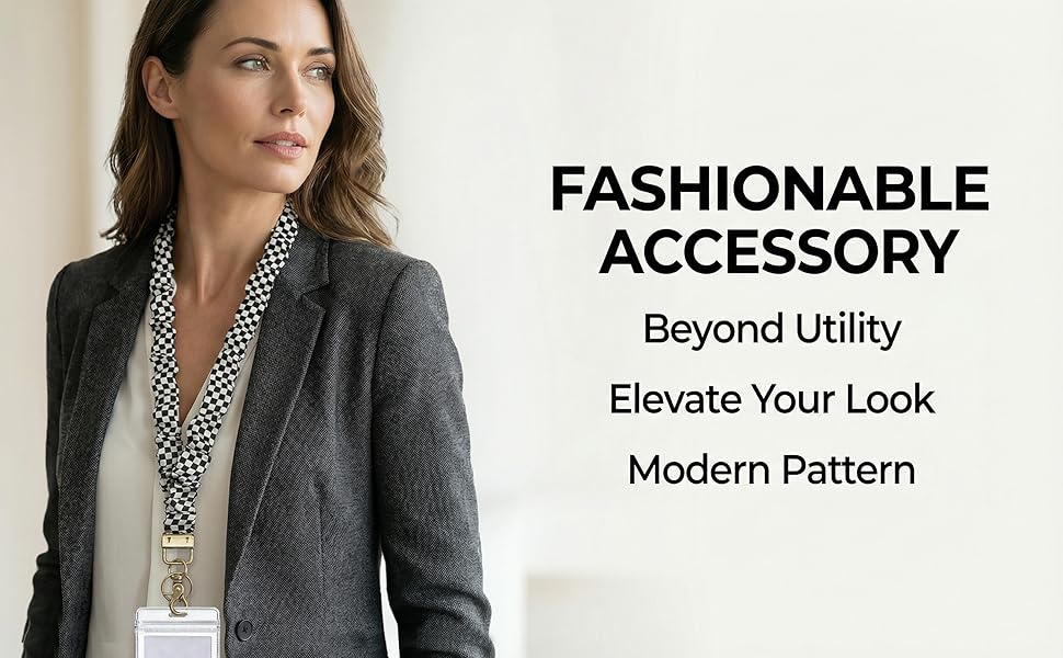 Professional woman wearing grey blazer with black and white checkered scrunchie lanyard.