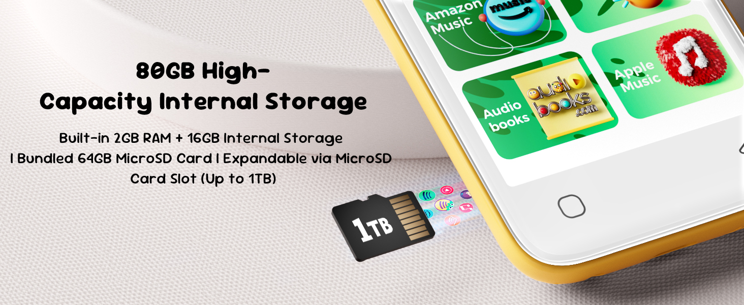 80GB storage: 2GB RAM + 16GB internal + 64GB card; microSD slot expandable up to 1TB.