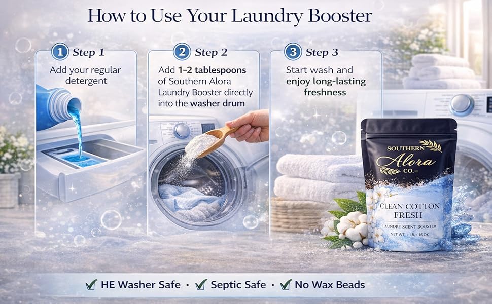 Fresh laundry scent booster with detergent in standard and HE washing machines.