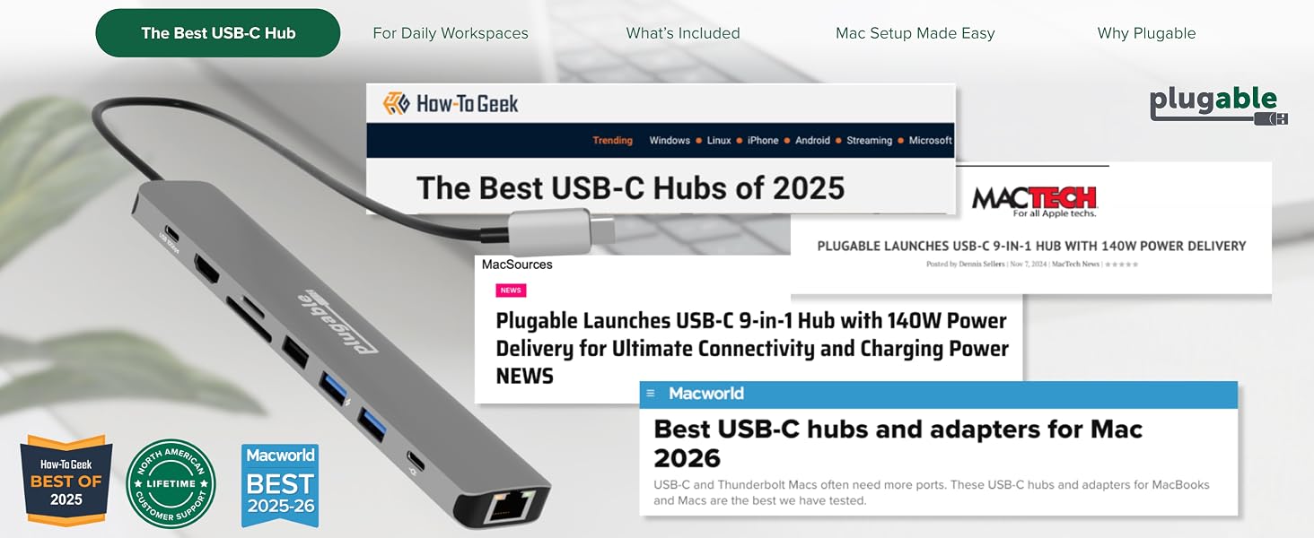 Plugable macbook usb hub with awards and visible USB HDMI card and Ethernet ports