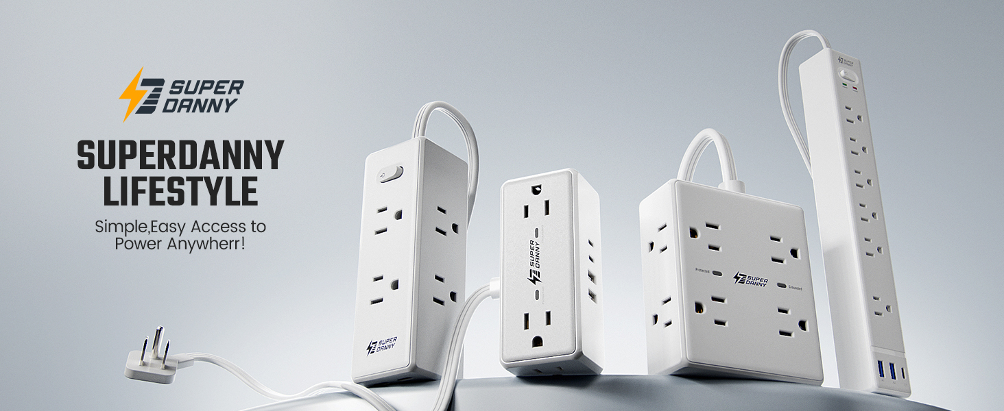 SUPERDANNY Surge Protector Power Strip Flat Plug Extension Cord
