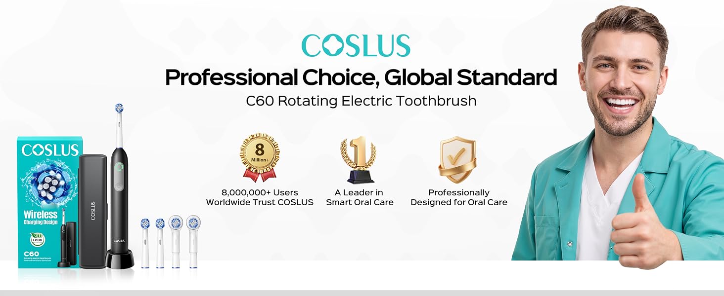 COSLUS C60 Rechargeable Rotating Electric Toothbrush for Adults Deep Clean