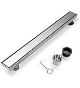 Elefloom Offset Linear Shower Drain, Shower Drain 24 inch with 2-in-1 Tile Insert Cover, Brushed ...
